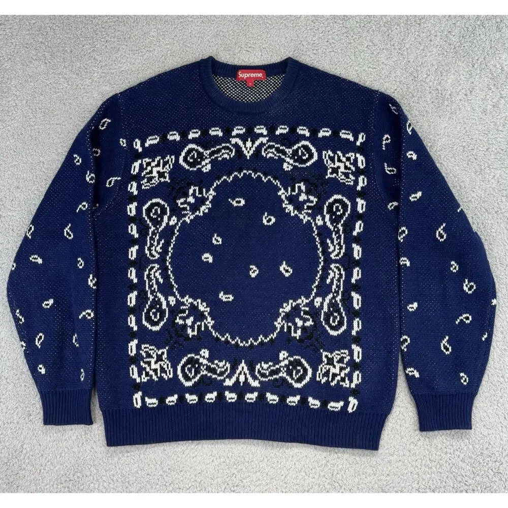 Supreme Bandana Sweater Pullover Crewneck Navy Blue Long Sleeve Medium